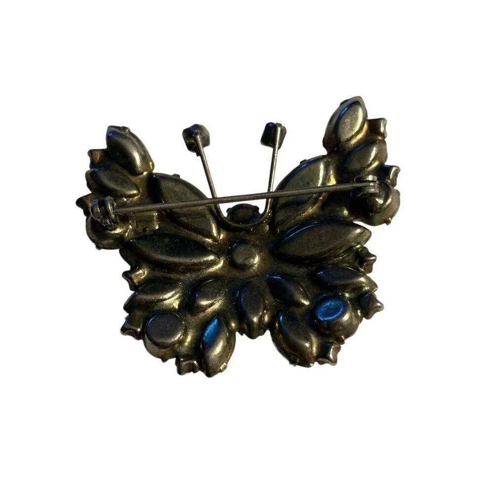 Butterfly Rhinestone Brooch Pin VTG‎ Black & Clear Rhinestones Silver Tone Retro